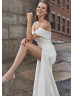 Off Shoulder Ivory Satin Slit Classic Wedding Dress